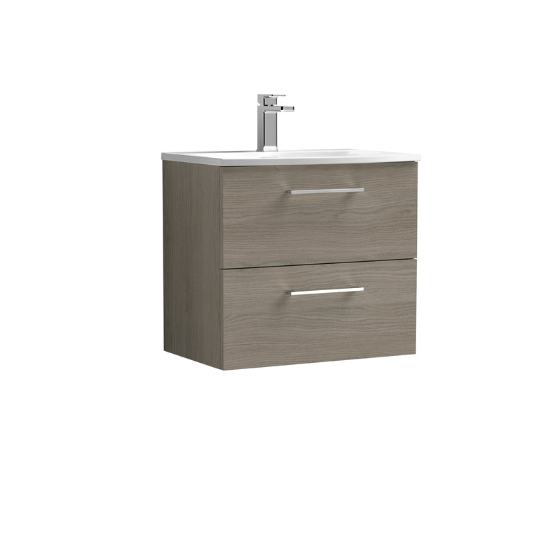 Nuie Arno 600 x 383mm Wall Hung Vanity Unit With 2 Drawers & Curved Basin - Solace Oak Woodgrain