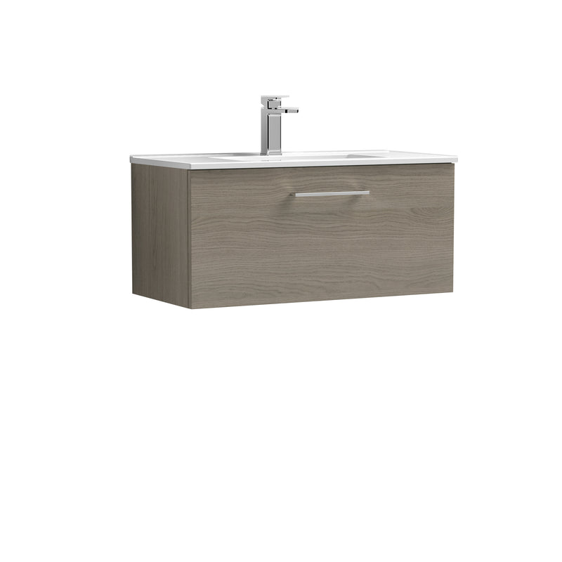 Nuie Arno 800 x 383mm Wall Hung Vanity Unit With 1 Drawer & Minimalist Basin - Solace Oak Woodgrain