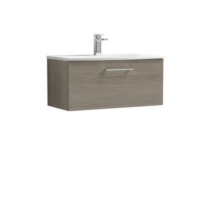 Nuie Arno 800 x 383mm Wall Hung Vanity Unit With 1 Drawer & Curved Basin - Solace Oak Woodgrain