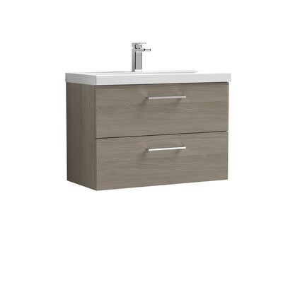 Nuie Arno 800 x 383mm Wall Hung Vanity Unit With 2 Drawers & Mid Edge Basin - Solace Oak Woodgrain