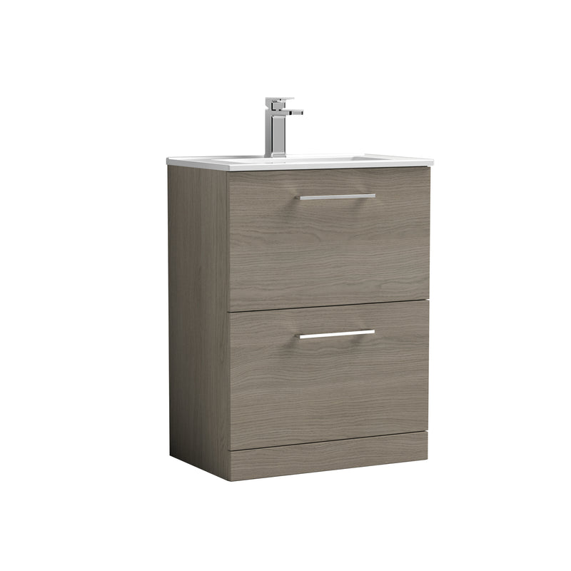 Nuie Arno 600 x 383mm Floor Standing Vanity Unit With 2 Drawers & Minimalist Basin - Solace Oak Woodgrain