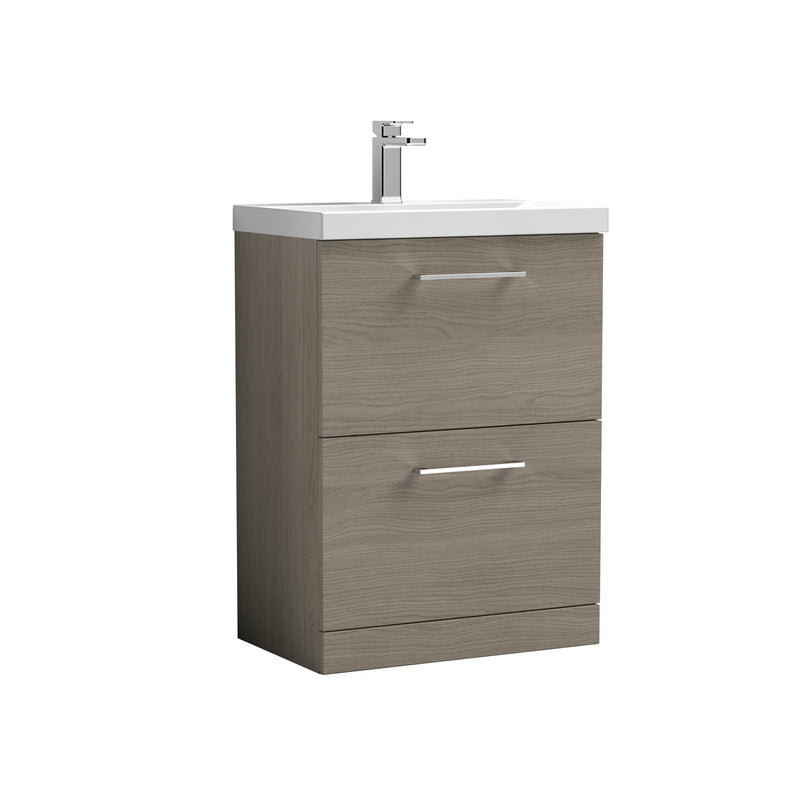 Nuie Arno 600 x 383mm Floor Standing Vanity Unit With 2 Drawers & Thin Edge Basin - Solace Oak Woodgrain