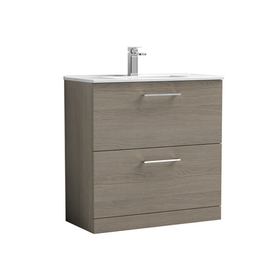 Nuie Arno 800 x 383mm Floor Standing Vanity Unit With 2 Drawers & Minimalist Basin - Solace Oak Woodgrain