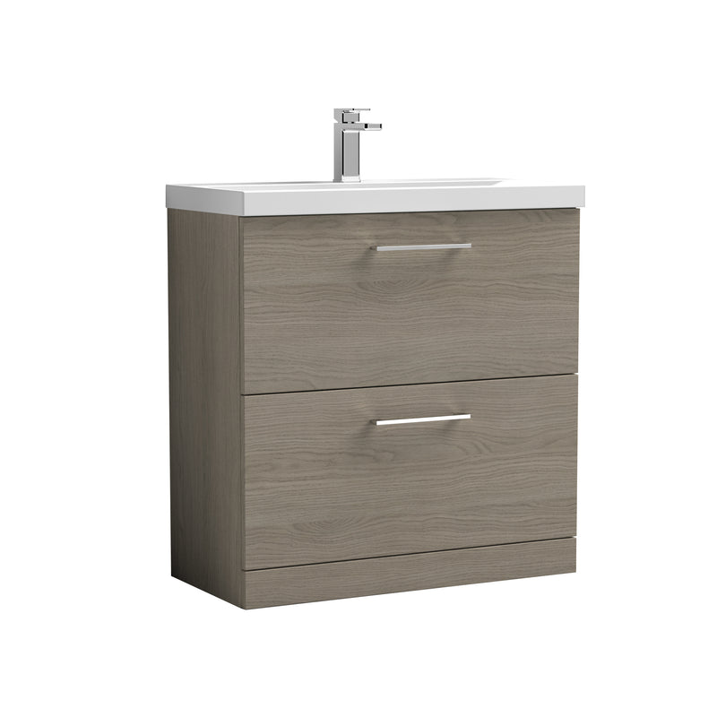 Nuie Arno 800 x 383mm Floor Standing Vanity Unit With 2 Drawers & Thin Edge Basin - Solace Oak Woodgrain