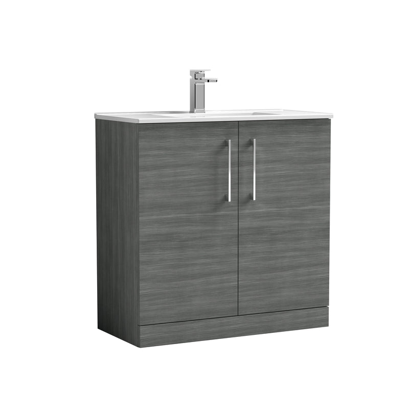 Nuie Arno 800 x 383mm Floor Standing Vanity Unit With 2 Doors & Minimalist Basin - Anthracite Woodgrain