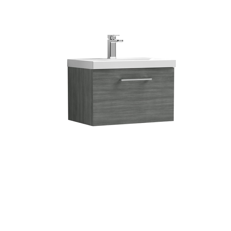 Nuie Arno 600 x 383mm Wall Hung Vanity Unit With 1 Drawer & Mid Edge Basin - Anthracite Woodgrain