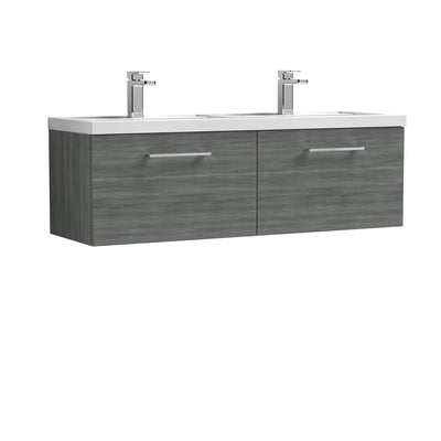 Nuie Arno 1200 x 383mm Wall Hung Vanity Unit With 2 Drawers & Twin Polymarble Basin - Anthracite Woodgrain