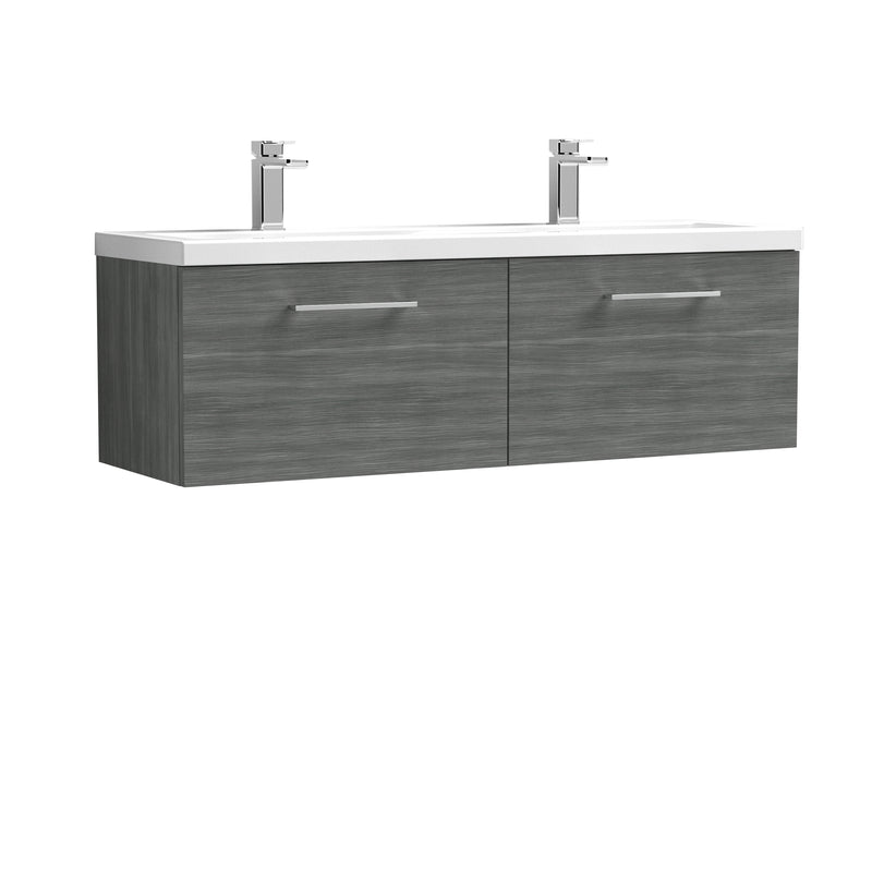 Nuie Arno 1200 x 383mm Wall Hung Vanity Unit With 2 Drawers & Twin Ceramic Basin - Anthracite Woodgrain