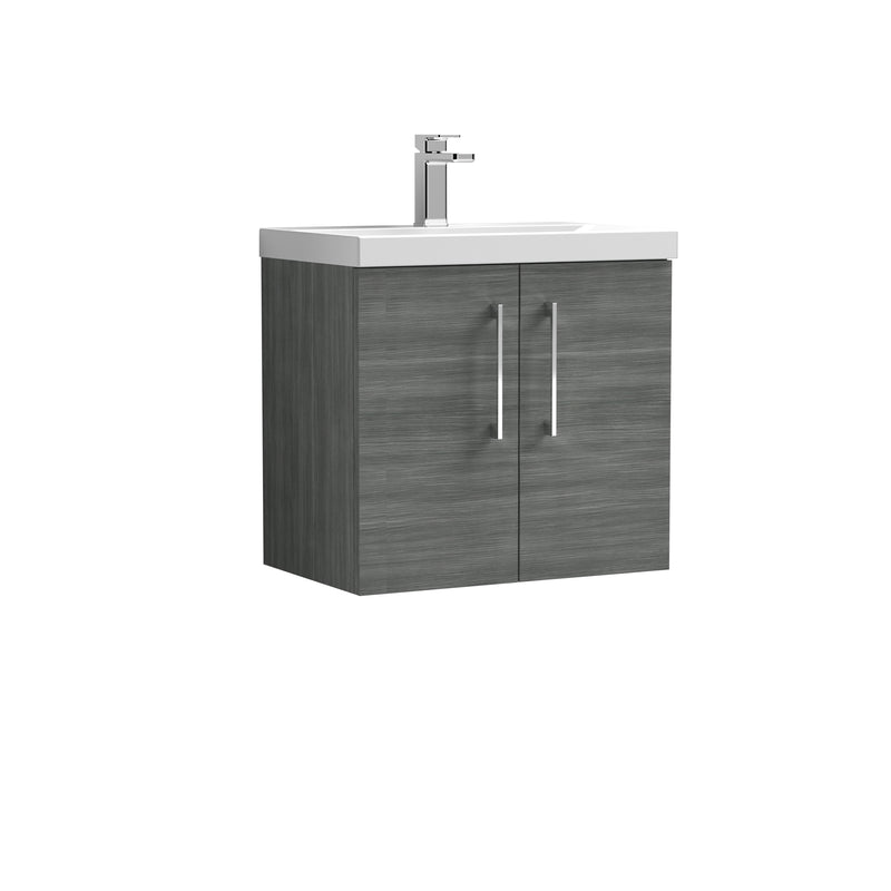 Nuie Arno 600 x 383mm Wall Hung Vanity Unit With 2 Doors & Mid Edge Basin - Anthracite Woodgrain