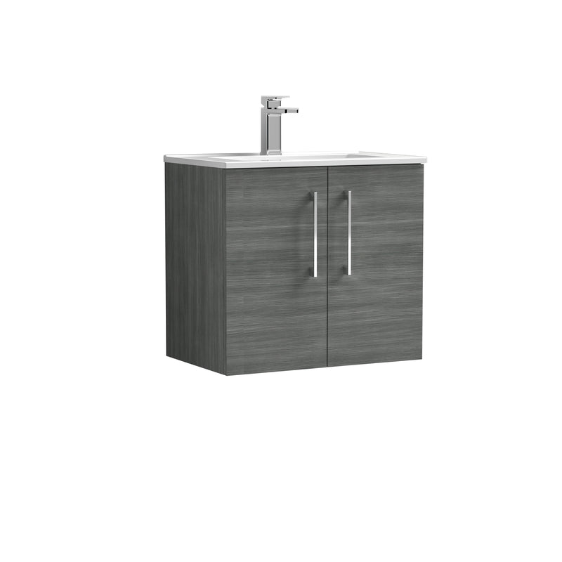 Nuie Arno 600 x 383mm Wall Hung Vanity Unit With 2 Doors & Minimalist Basin - Anthracite Woodgrain