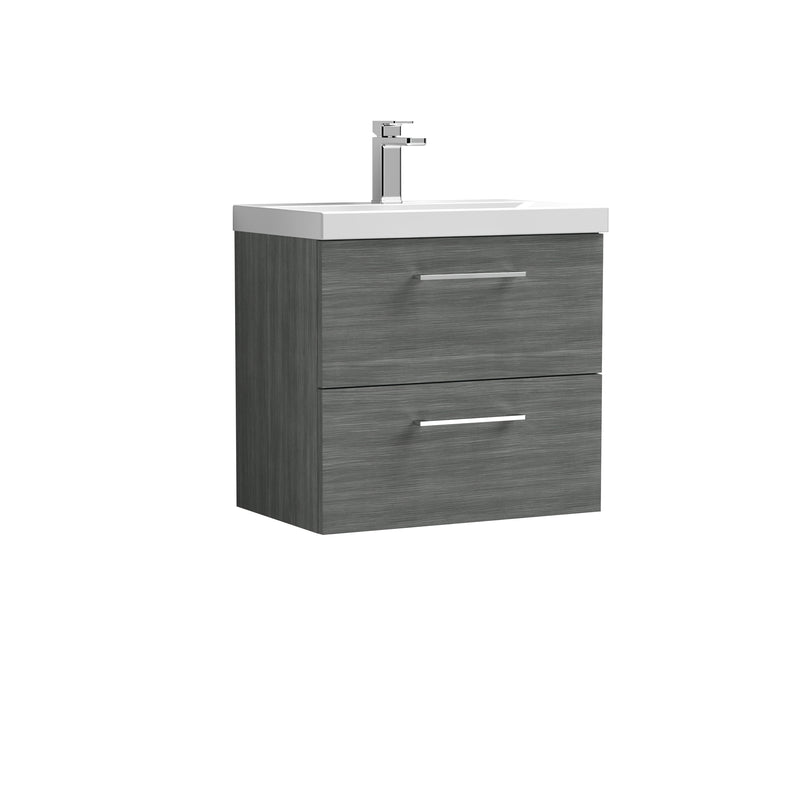 Nuie Arno 600 x 383mm Wall Hung Vanity Unit With 2 Drawers & Mid Edge Basin - Anthracite Woodgrain