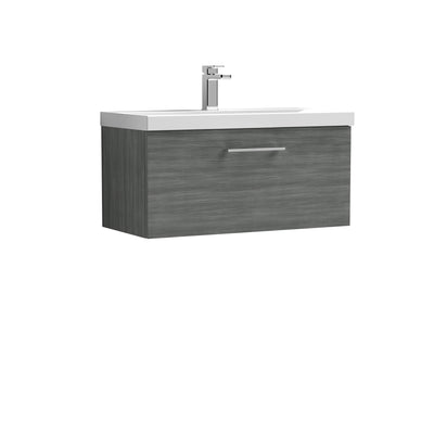Nuie Arno 800 x 383mm Wall Hung Vanity Unit With 1 Drawer & Mid Edge Basin - Anthracite Woodgrain
