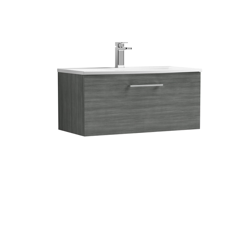 Nuie Arno 800 x 383mm Wall Hung Vanity Unit With 1 Drawer & Curved Basin - Anthracite Woodgrain
