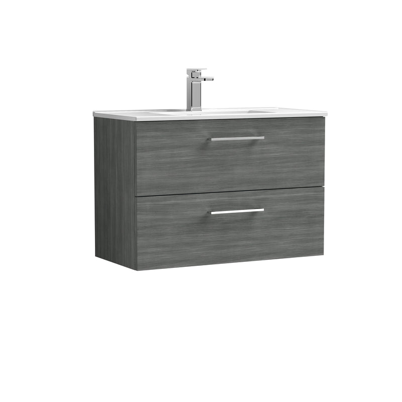 Nuie Arno 800 x 383mm Wall Hung Vanity Unit With 2 Drawers & Minimalist Basin - Anthracite Woodgrain