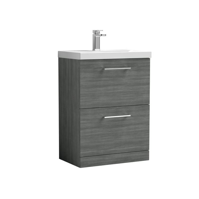 Nuie Arno 600 x 383mm Floor Standing Vanity Unit With 2 Drawers & Mid Edge Basin - Anthracite Woodgrain