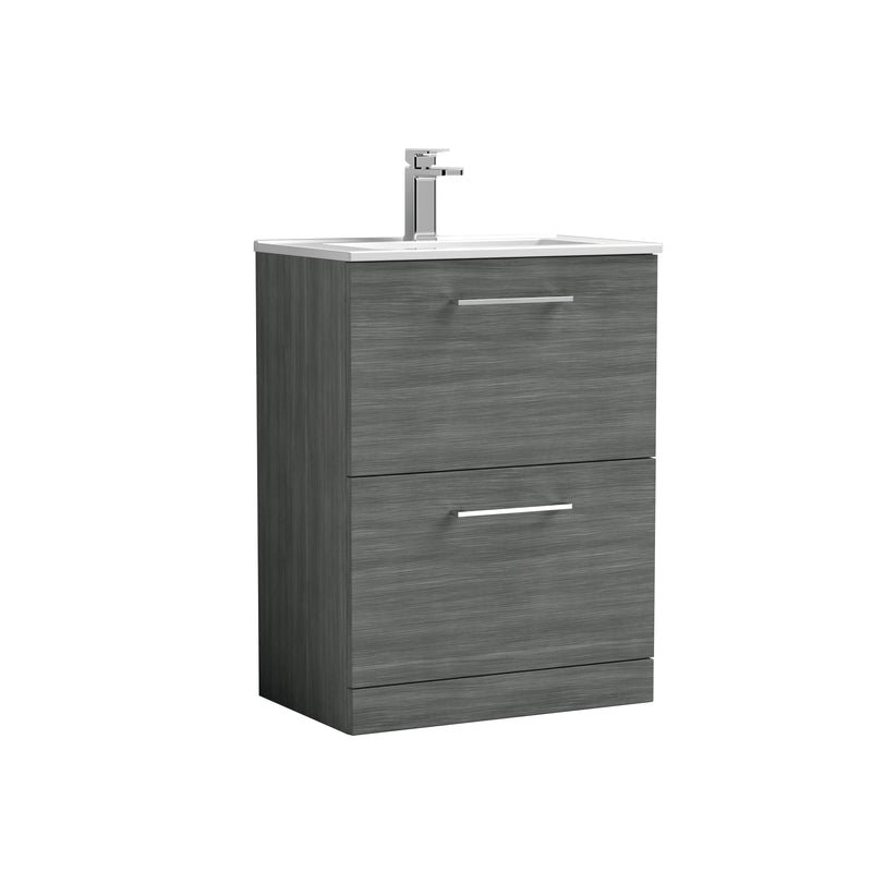 Nuie Arno 600 x 383mm Floor Standing Vanity Unit With 2 Drawers & Minimalist Basin - Anthracite Woodgrain