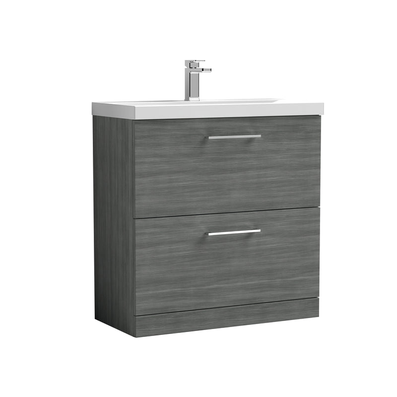 Nuie Arno 800 x 383mm Floor Standing Vanity Unit With 2 Drawers & Mid Edge Basin - Anthracite Woodgrain