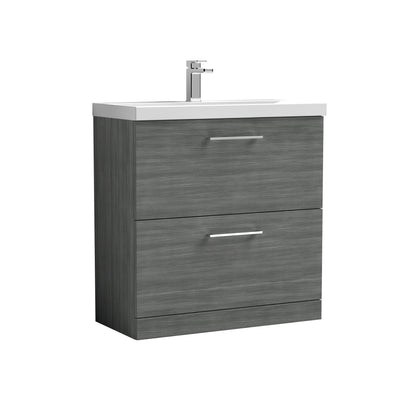 Nuie Arno 800 x 383mm Floor Standing Vanity Unit With 2 Drawers & Thin Edge Basin - Anthracite Woodgrain