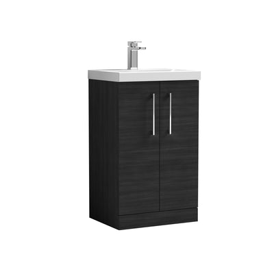 Nuie Arno 500 x 383mm Floor Standing Vanity Unit With 2 Doors & Mid Edge Basin - Charcoal Black Woodgrain