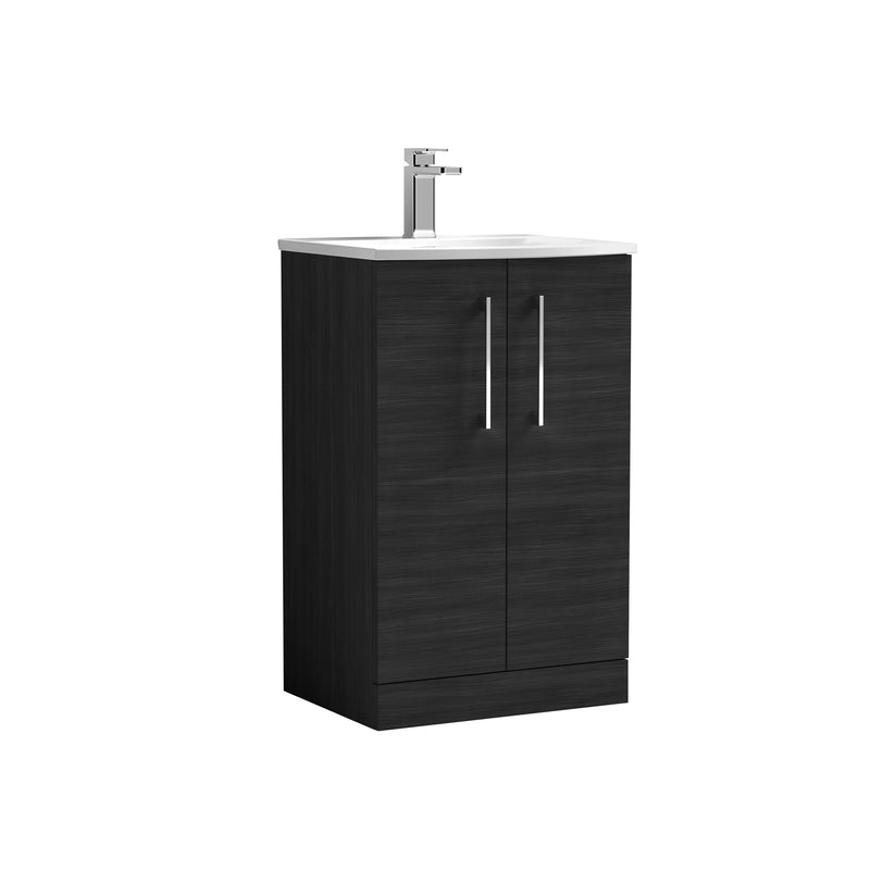 Nuie Arno 500 x 383mm Floor Standing Vanity Unit With 2 Doors & Curved Basin - Charcoal Black Woodgrain