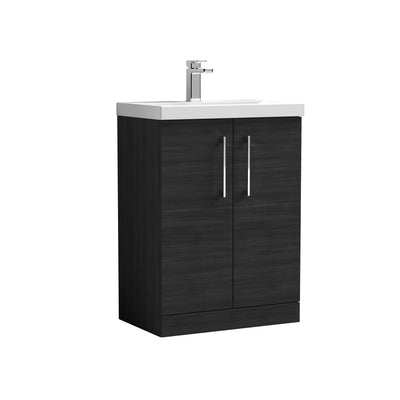 Nuie Arno 600 x 383mm Floor Standing Vanity Unit With 2 Doors & Mid Edge Basin - Charcoal Black Woodgrain