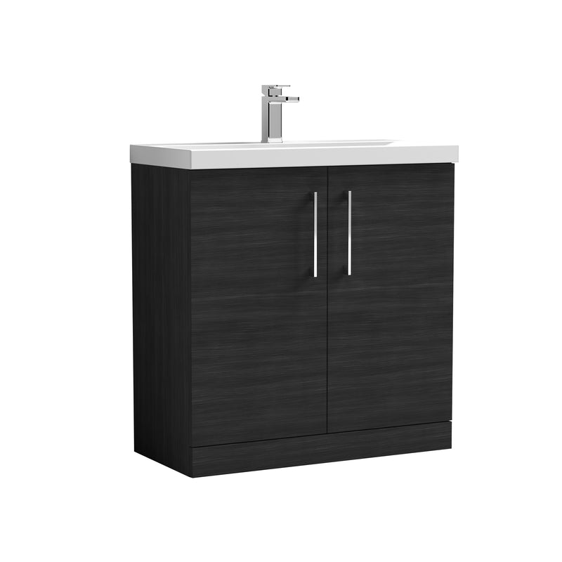 Nuie Arno 800 x 383mm Floor Standing Vanity Unit With 2 Doors & Mid Edge Basin - Charcoal Black Woodgrain