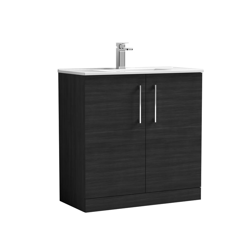 Nuie Arno 800 x 383mm Floor Standing Vanity Unit With 2 Doors & Minimalist Basin - Charcoal Black Woodgrain