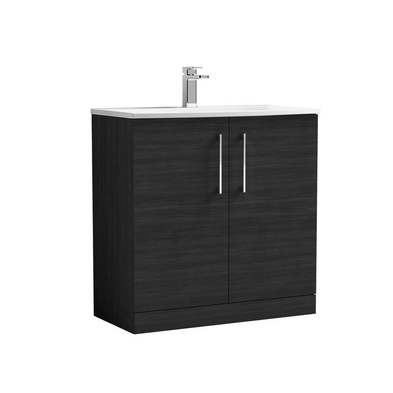 Nuie Arno 800 x 383mm Floor Standing Vanity Unit With 2 Doors & Curved Basin - Charcoal Black Woodgrain