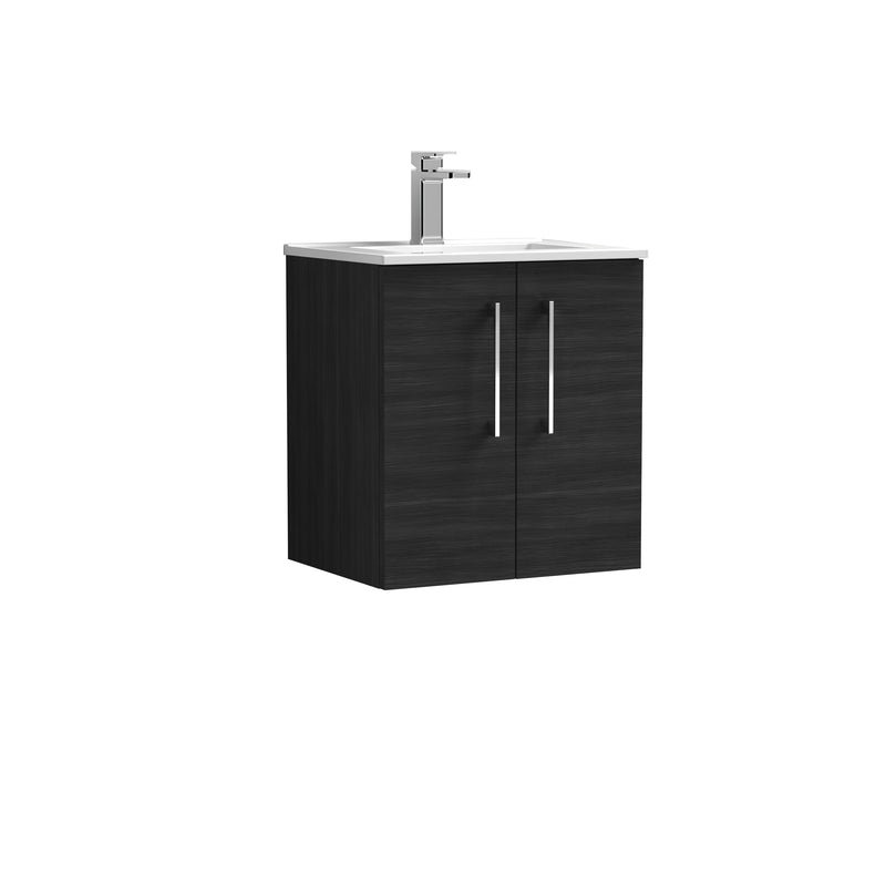Nuie Arno 500 x 383mm Wall Hung Vanity Unit With 2 Doors & Minimalist Basin - Charcoal Black Woodgrain