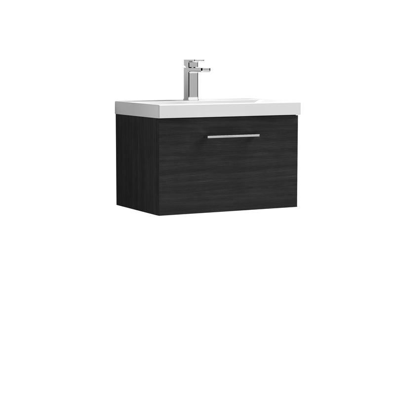 Nuie Arno 600 x 383mm Wall Hung Vanity Unit With 1 Drawer & Mid Edge Basin - Charcoal Black Woodgrain