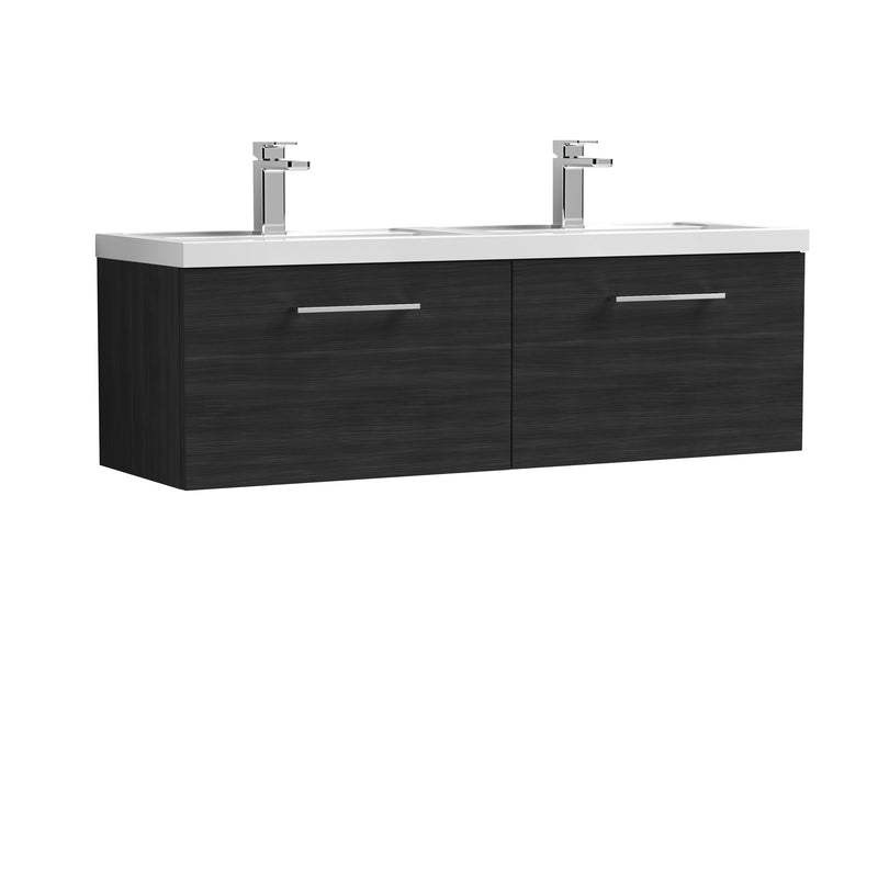Nuie Arno 1200 x 383mm Wall Hung Vanity Unit With 2 Drawers & Twin Ceramic Basin - Charcoal Black Woodgrain