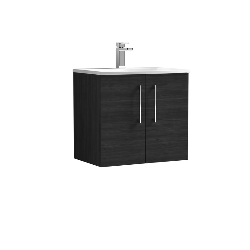 Nuie Arno 600 x 383mm Wall Hung Vanity Unit With 2 Doors & Curved Basin - Charcoal Black Woodgrain