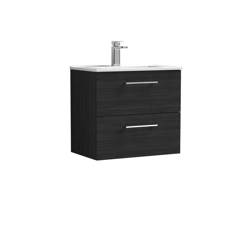 Nuie Arno 600 x 383mm Wall Hung Vanity Unit With 2 Drawers & Minimalist Basin - Charcoal Black Woodgrain