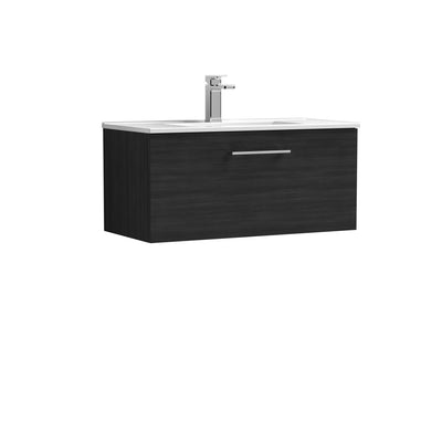 Nuie Arno 800 x 383mm Wall Hung Vanity Unit With 1 Drawer & Minimalist Basin - Charcoal Black Woodgrain