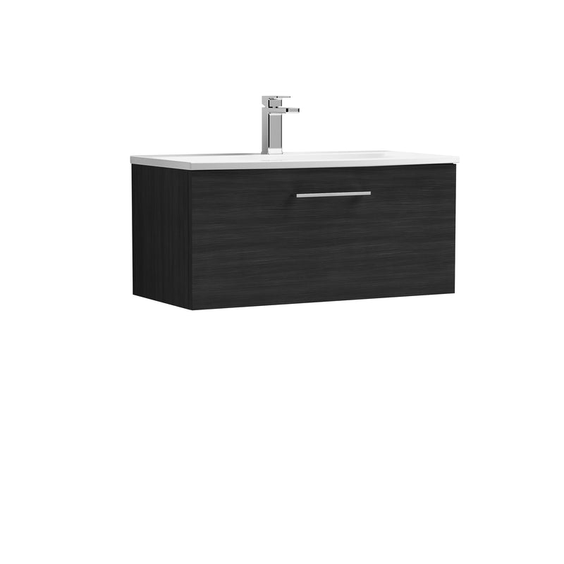 Nuie Arno 800 x 383mm Wall Hung Vanity Unit With 1 Drawer & Curved Basin - Charcoal Black Woodgrain
