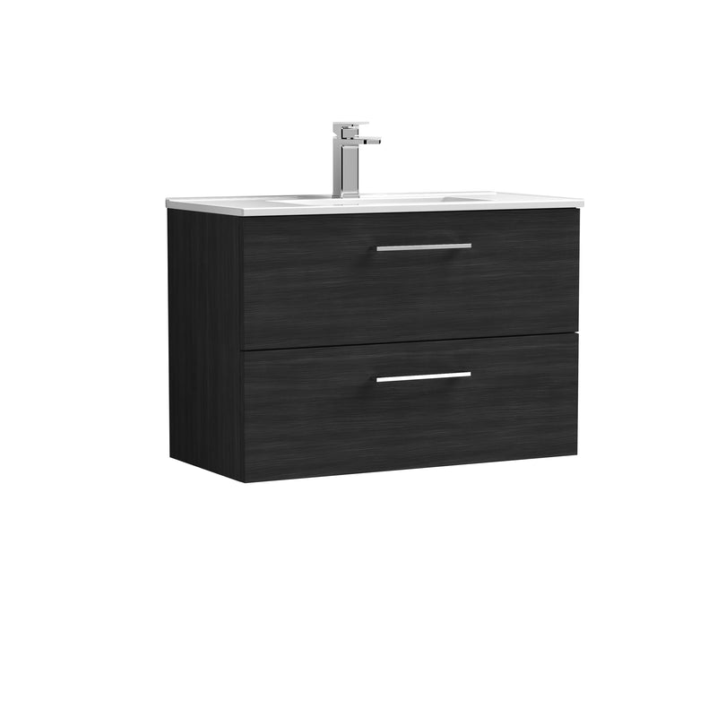 Nuie Arno 800 x 383mm Wall Hung Vanity Unit With 2 Drawers & Minimalist Basin - Charcoal Black Woodgrain