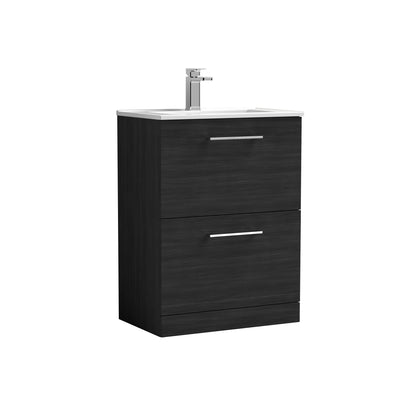 Nuie Arno 600 x 383mm Floor Standing Vanity Unit With 2 Drawers & Minimalist Basin - Charcoal Black Woodgrain