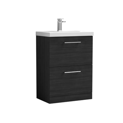 Nuie Arno 600 x 383mm Floor Standing Vanity Unit With 2 Drawers & Thin Edge Basin - Charcoal Black Woodgrain