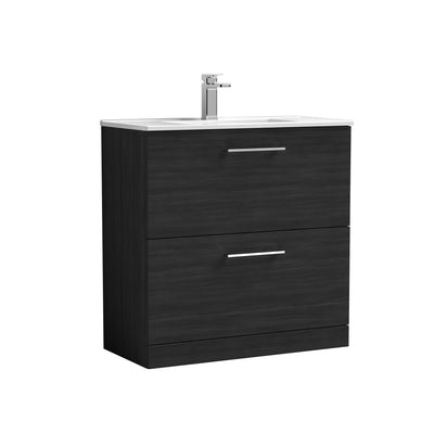 Nuie Arno 800 x 383mm Floor Standing Vanity Unit With 2 Drawers & Minimalist Basin - Charcoal Black Woodgrain