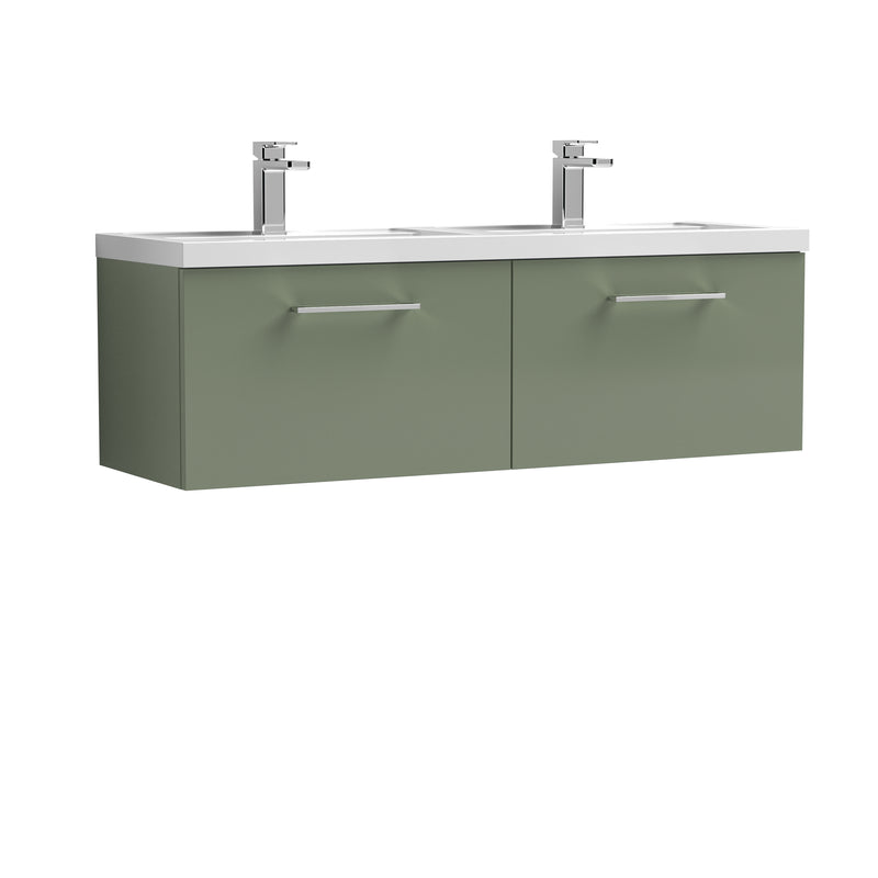 Nuie Arno 1200 x 383mm Wall Hung Vanity Unit With 2 Drawers & Twin Polymarble Basin - Green Satin
