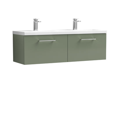 Nuie Arno 1200 x 383mm Wall Hung Vanity Unit With 2 Drawers & Twin Ceramic Basin - Green Satin