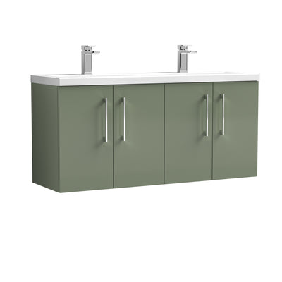 Nuie Arno 1200 x 383mm Wall Hung Vanity Unit With 4 Doors & Twin Ceramic Basin - Green Satin