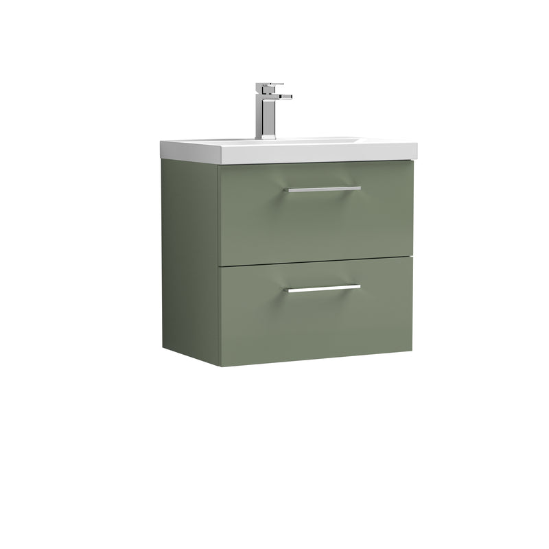 Nuie Arno 600 x 383mm Wall Hung Vanity Unit With 2 Drawers & Mid Edge Basin - Green Satin