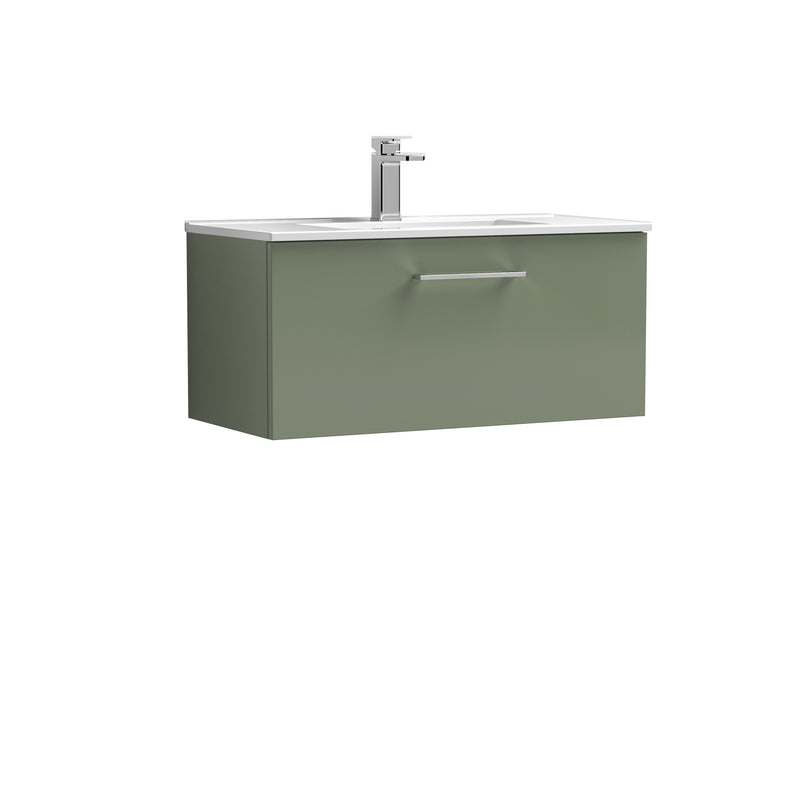Nuie Arno 800 x 383mm Wall Hung Vanity Unit With 1 Drawer & Minimalist Basin - Green Satin
