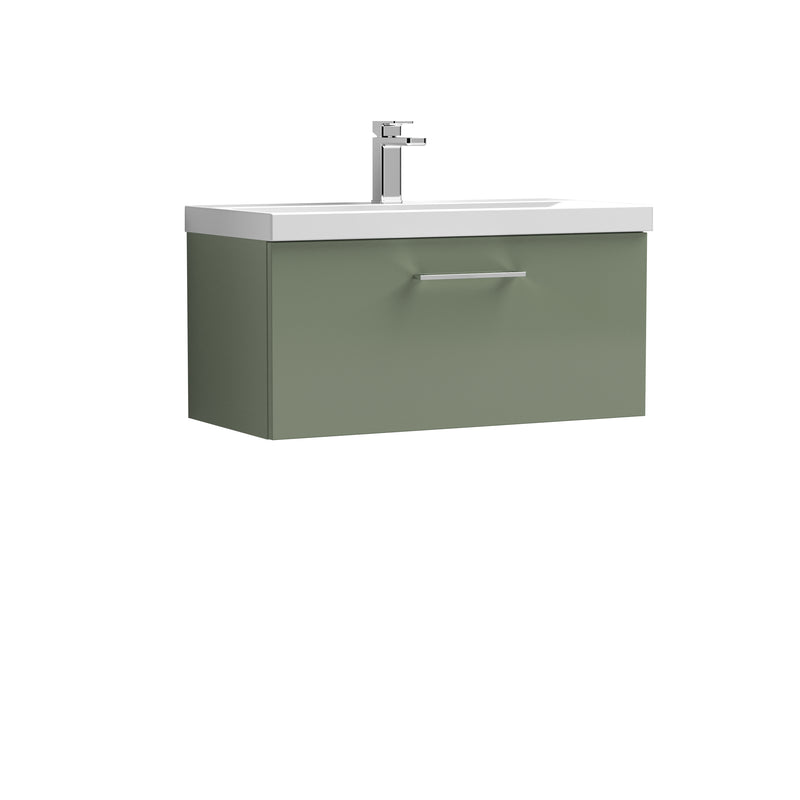 Nuie Arno 800 x 383mm Wall Hung Vanity Unit With 1 Drawer & Thin Edge Basin - Green Satin