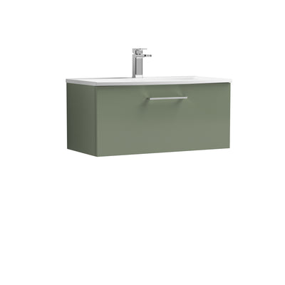Nuie Arno 800 x 383mm Wall Hung Vanity Unit With 1 Drawer & Curved Basin - Green Satin