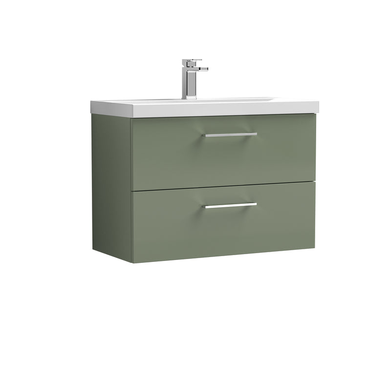 Nuie Arno 800 x 383mm Wall Hung Vanity Unit With 2 Drawers & Mid Edge Basin - Green Satin