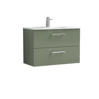 Nuie Arno 800 x 383mm Wall Hung Vanity Unit With 2 Drawers & Minimalist Basin - Green Satin