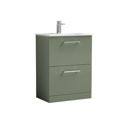 Nuie Arno 600 x 383mm Floor Standing Vanity Unit With 2 Drawers & Minimalist Basin - Green Satin