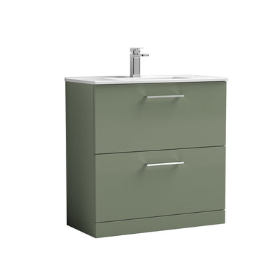 Nuie Arno 800 x 383mm Floor Standing Vanity Unit With 2 Drawers & Minimalist Basin - Green Satin